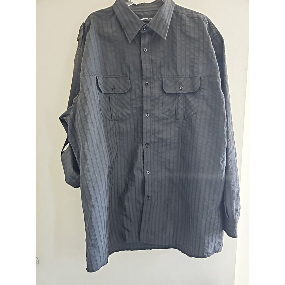 Revolve Men Long Sleeve Roll Tab  Button Closure Dress Shirt Black Stripes 3XL